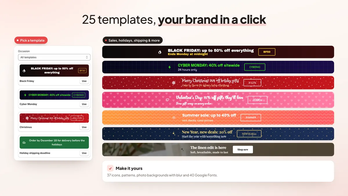 Announcement bar templates for sales, holidays and shipping