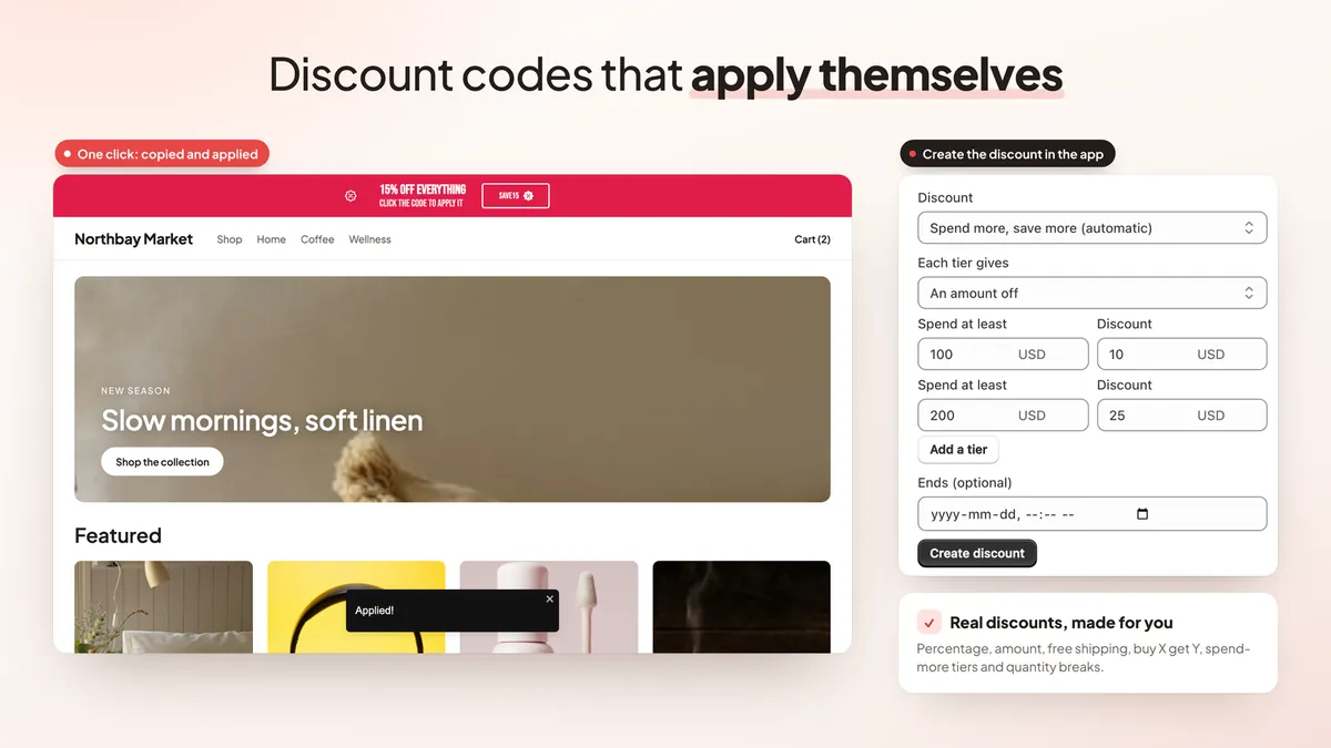 Discount code applied in one click and the discount creator