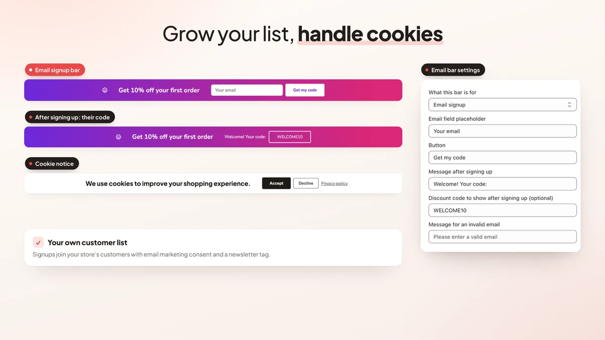 Email signup bar, success code and cookie notice bar
