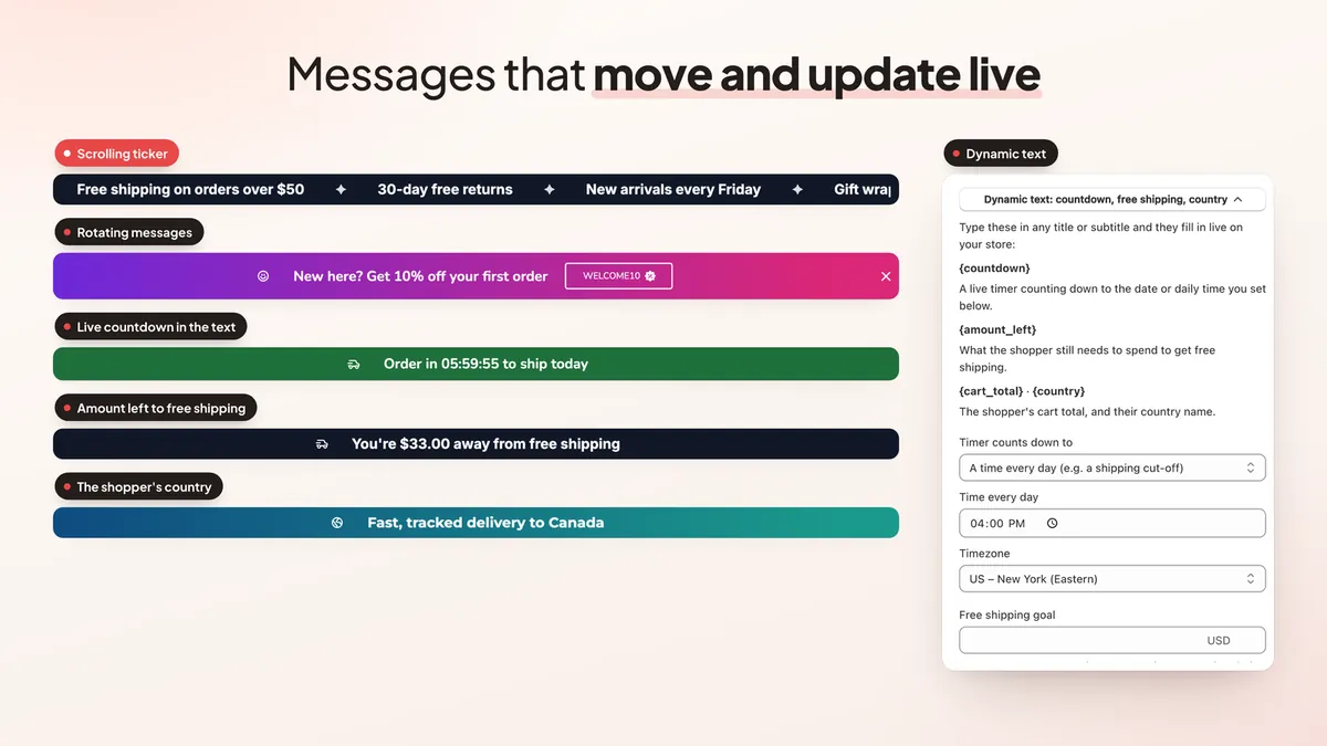 Scrolling ticker, rotating messages and live dynamic text