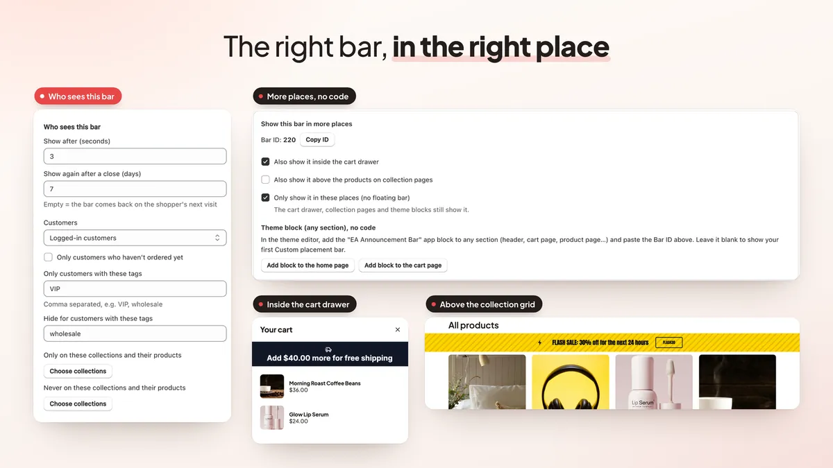 Bar targeting, cart drawer and collection page placements