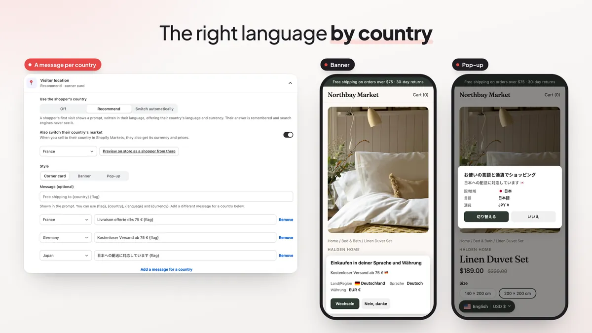 Visitor location settings with Recommend selected, a per-country message for France, Germany and Japan, and two phone previews showing a German banner and a Japanese pop-up offering the shopper's language and currency