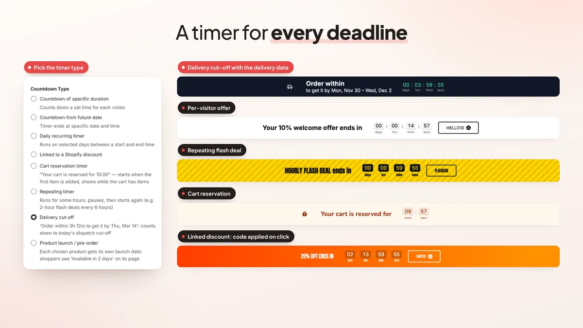 Countdown timer types: cut-off, per-visitor, daily, cart timer