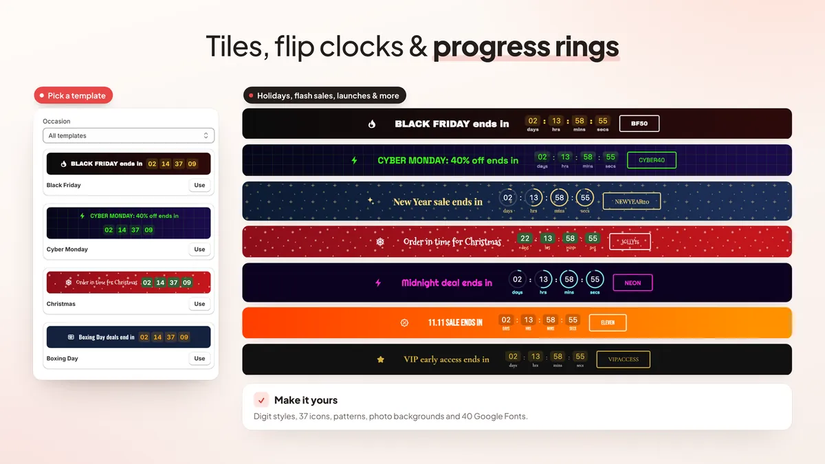 Countdown templates with tiles, flip clocks and progress rings