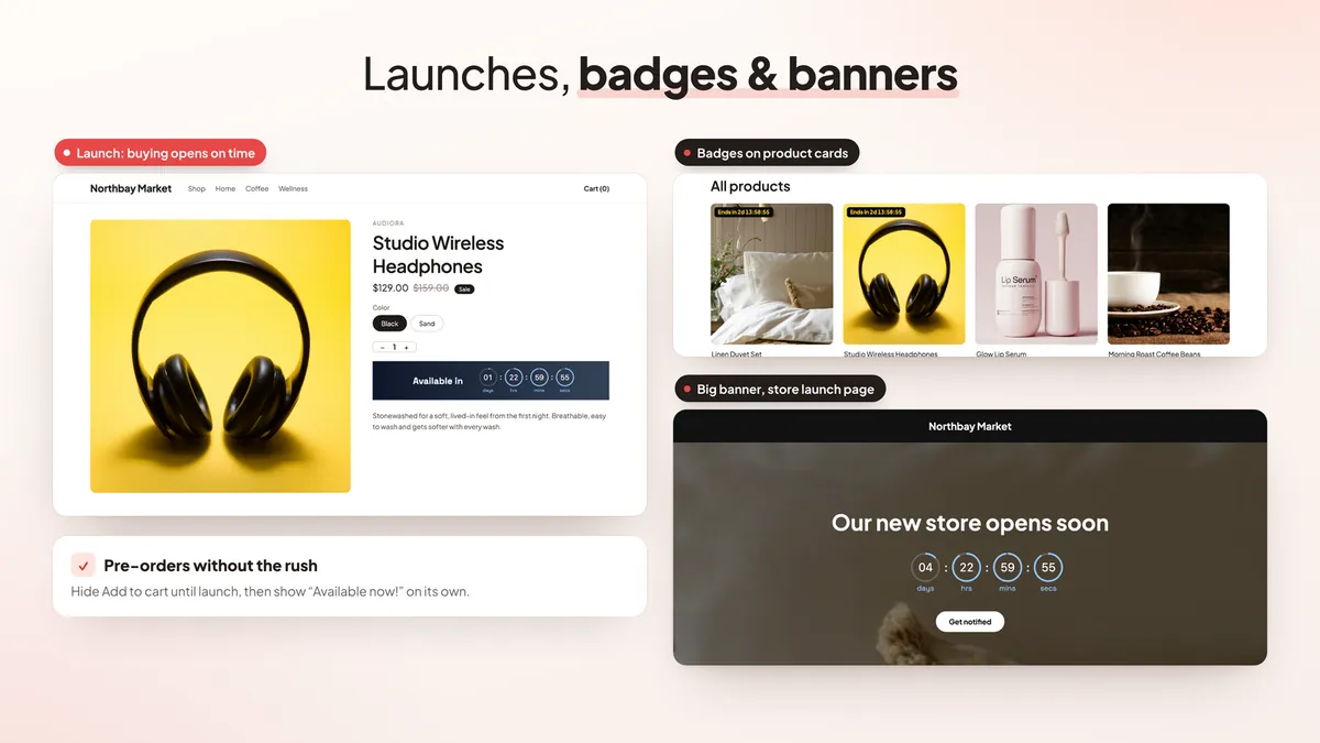 Product launch timer, product card badges and launch banner