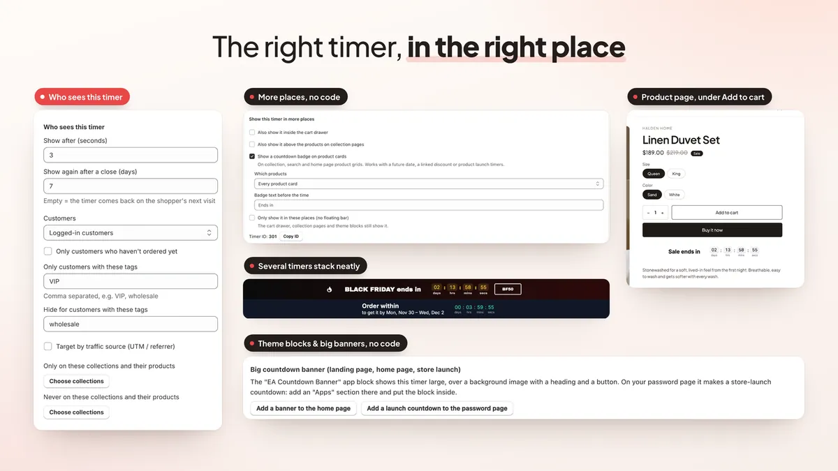 Timer targeting, placements and a product page countdown