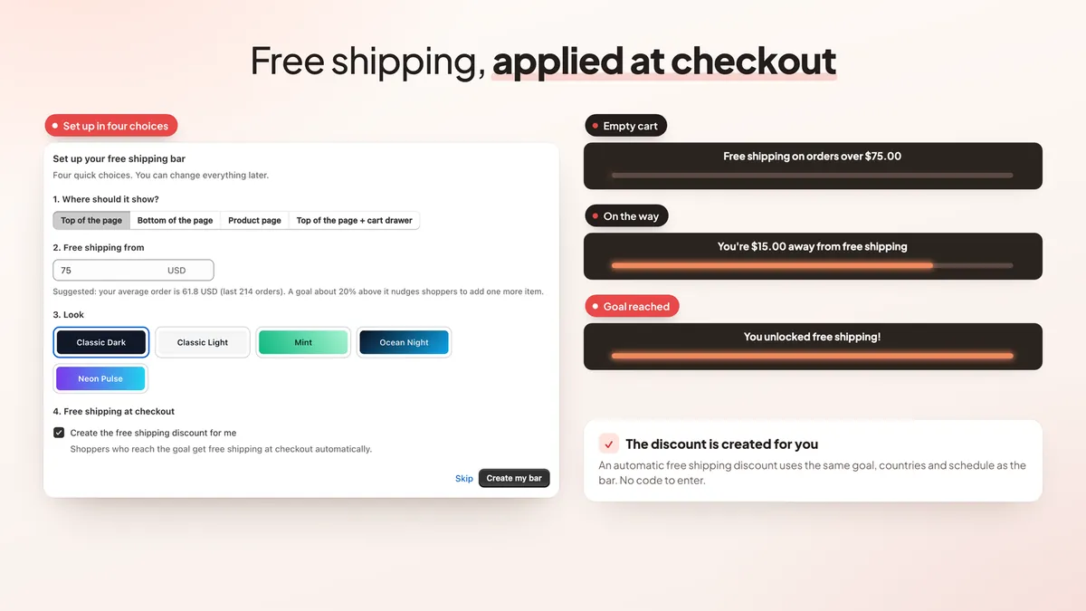 Setup wizard and free shipping bar from empty cart to goal