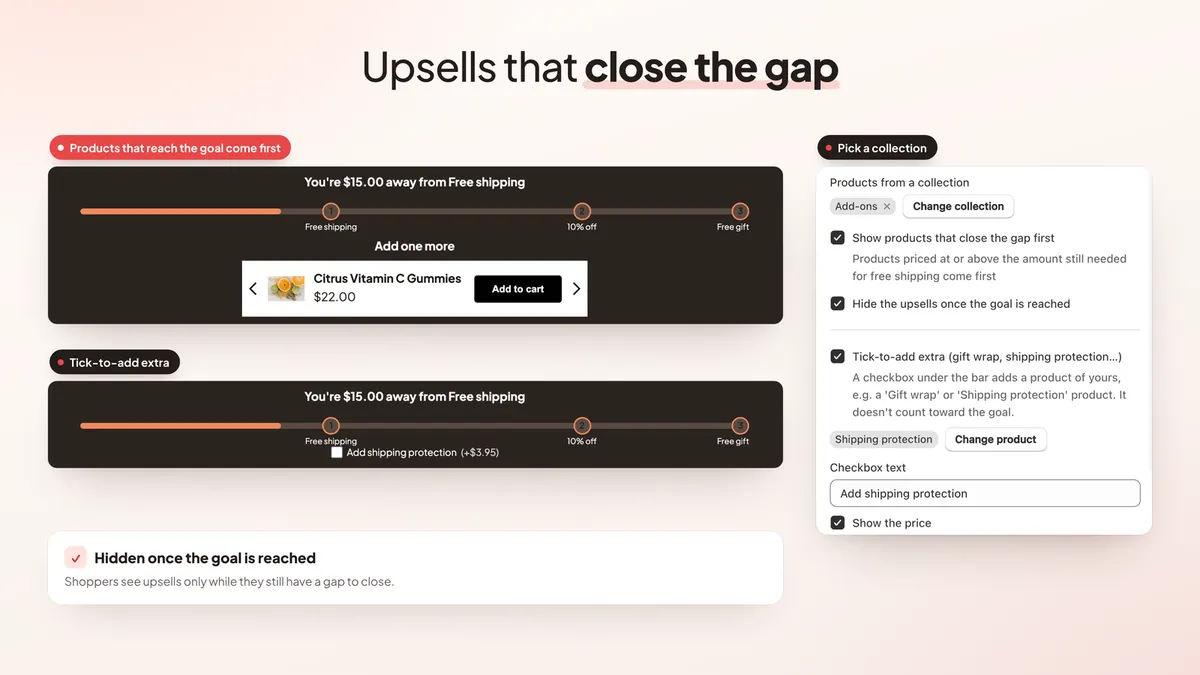 Free shipping bar upsells closing the gap, tick-to-add extra