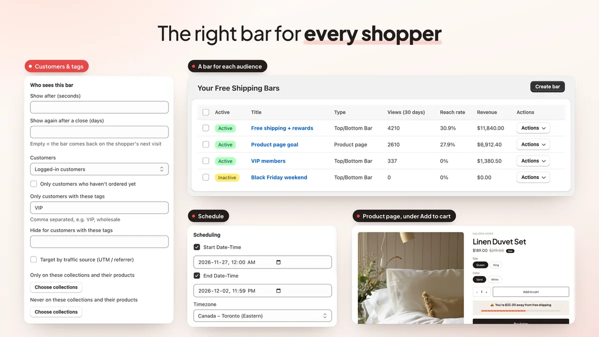 Bar targeting by customer and tags, schedule, product page bar