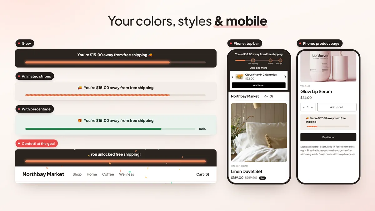 Bar styles: glow, stripes, percentage, confetti, phone views