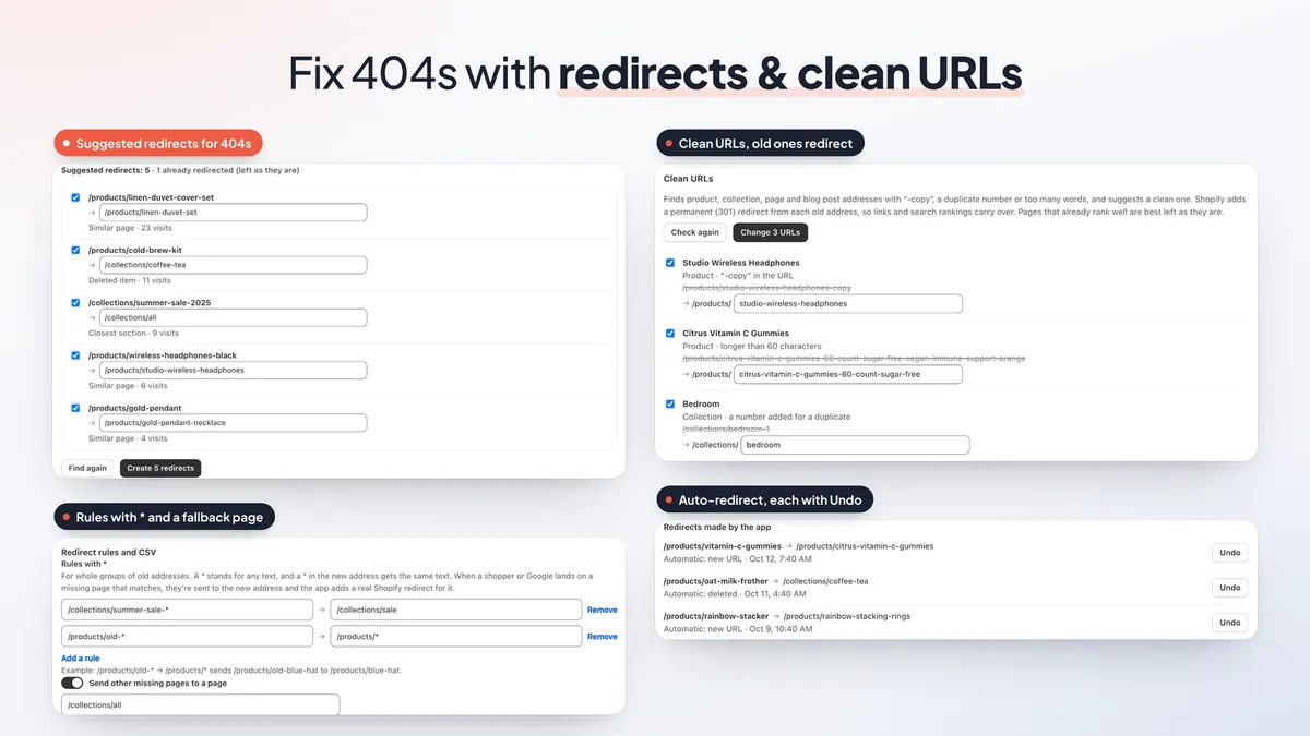 Suggested redirects for 404 pages, redirect rules with a wildcard and a fallback page, clean URL suggestions, and automatic redirects listed with Undo buttons
