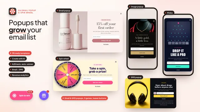 Email, image and SMS popups plus spin wheel and Plinko games