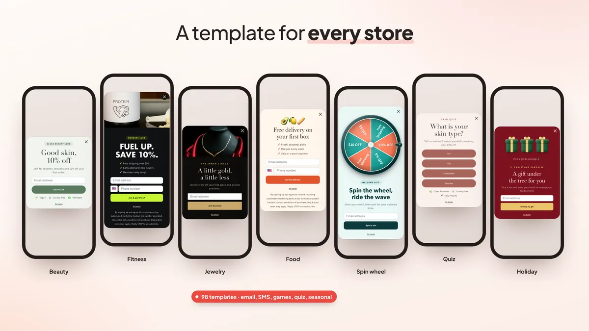Popup templates for beauty, fitness, jewelry, food and more