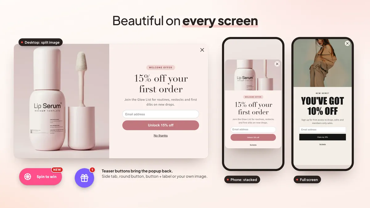 Popup on desktop and phone, with teaser buttons