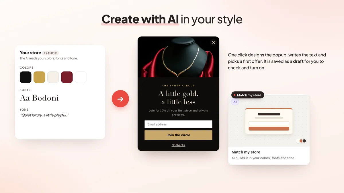 AI builds a popup from the store colors, fonts and tone