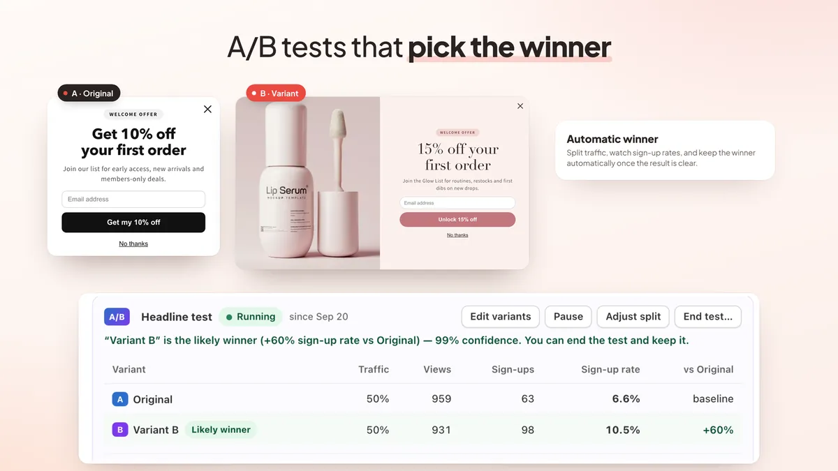 Two popup variants and A/B results with a likely winner