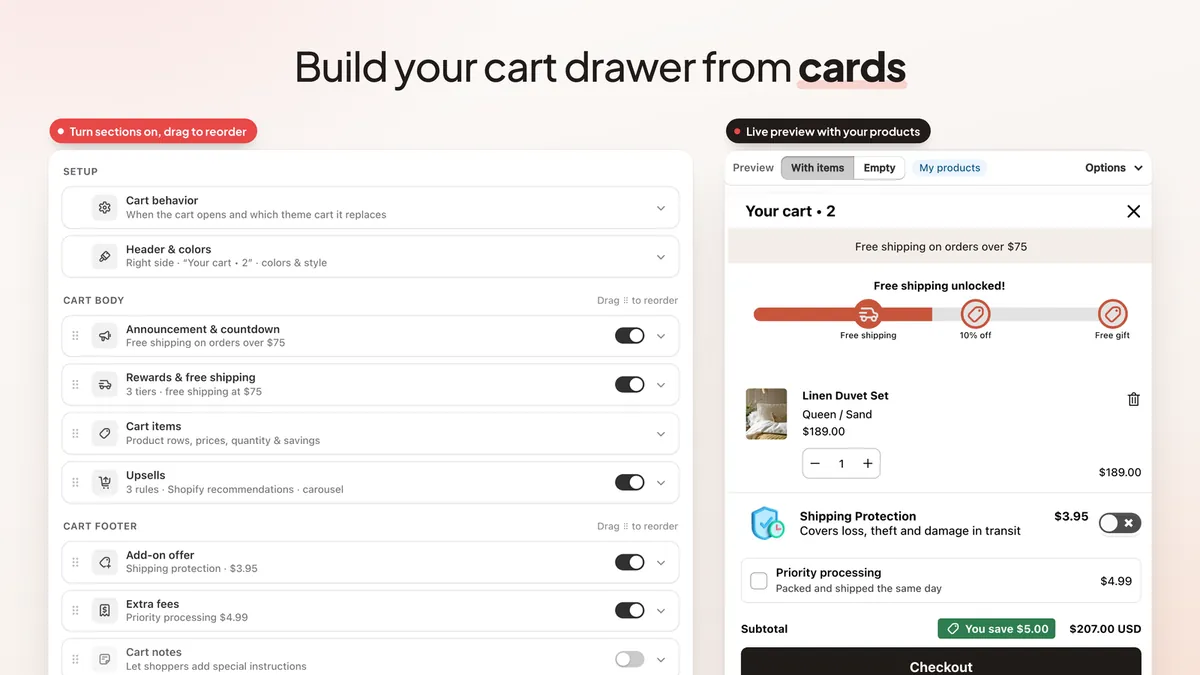 Cart drawer editor with section cards such as Cart behavior, Announcement and countdown, Rewards and free shipping, Upsells and Extra fees, next to a live preview of the cart drawer