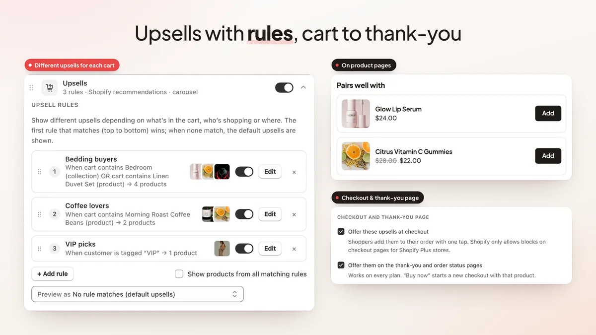 Upsell rules, with upsells in the cart and on product pages