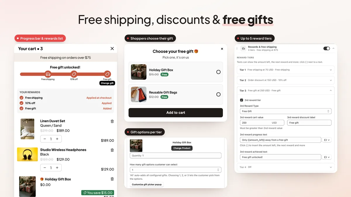 Rewards bar with free shipping, 10% off and a free gift picker