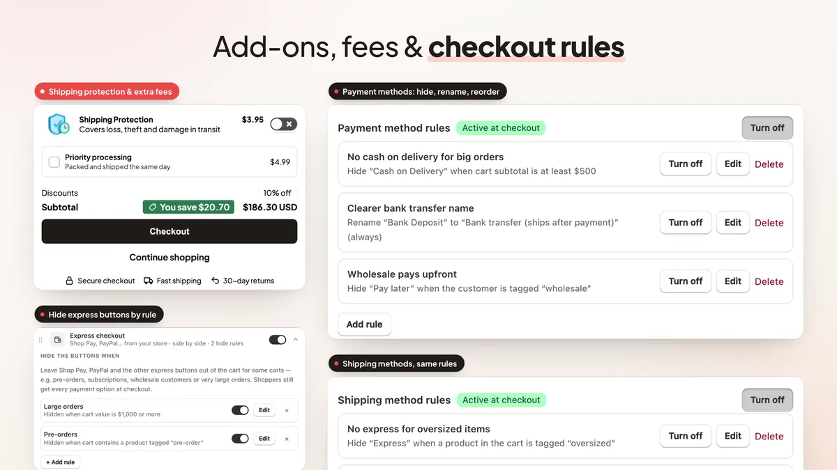 Shipping protection, fees, express rules and checkout rules