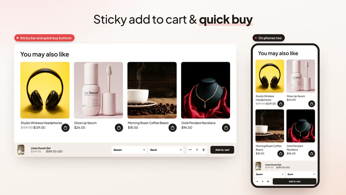 Sticky add to cart bar with variant menus, quantity and an Add to cart button at the bottom of a page, and quick buy bag buttons on product cards, on desktop and on a phone