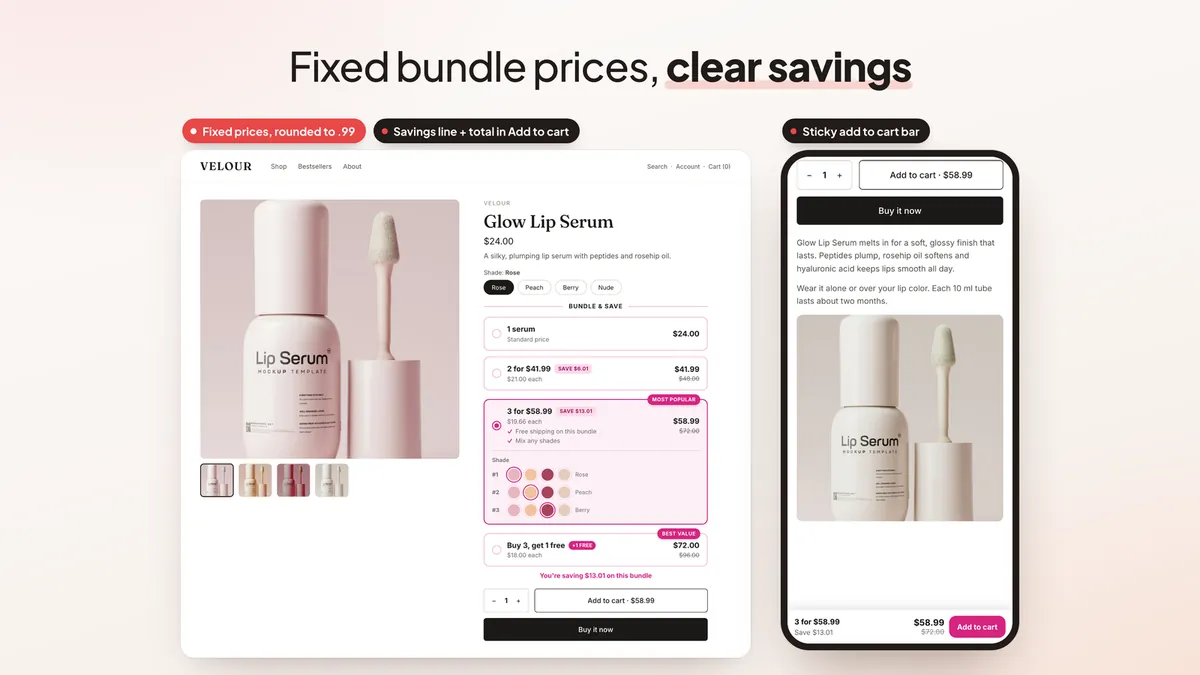 Product page with quantity break bars at fixed prices, a Buy 3 get 1 free bar, per-unit shade swatches, a savings line, the total in the Add to cart button and a sticky add to cart bar on mobile