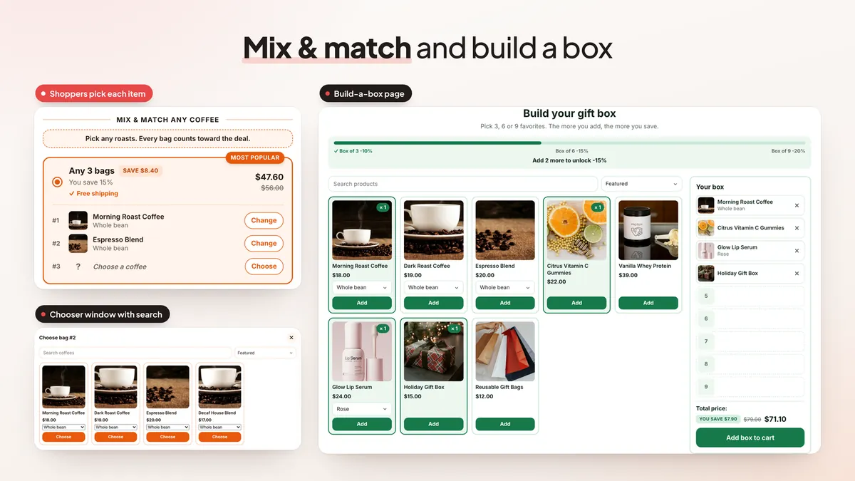 Mix and match coffee bars where shoppers choose each bag, a chooser window with search, and a build-your-gift-box page with a progress bar, product grid and box slots