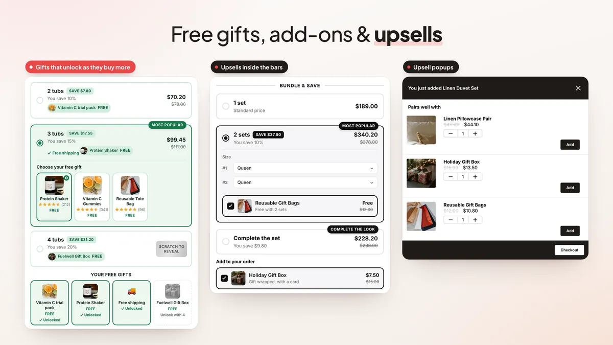 Free gift picker, add-ons in the bars and an upsell popup